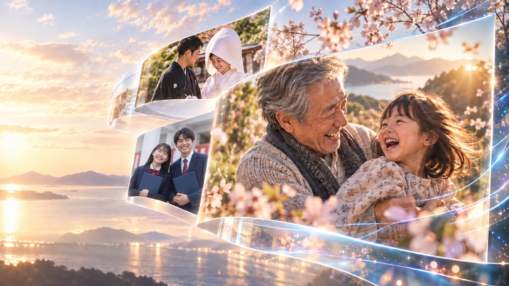 笑い合う祖父と孫、和装の結婚式、卒業証書を手にした学生たちの思い出が光でつながるCEREVIのイメージ